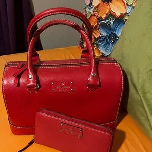 kate spade Red Leather Dome Satchel with Matching Wallet
